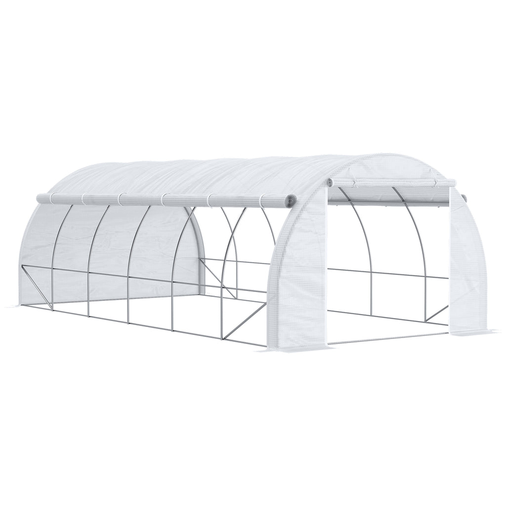 6 X 3 X 2 M Polytunnel Greenhouse With Roll-up Side Walls, Walk-in Grow House Tent With Steel Frame, Reinforced Cover, Zipped Door And 12 Mesh Windows For Garden, White