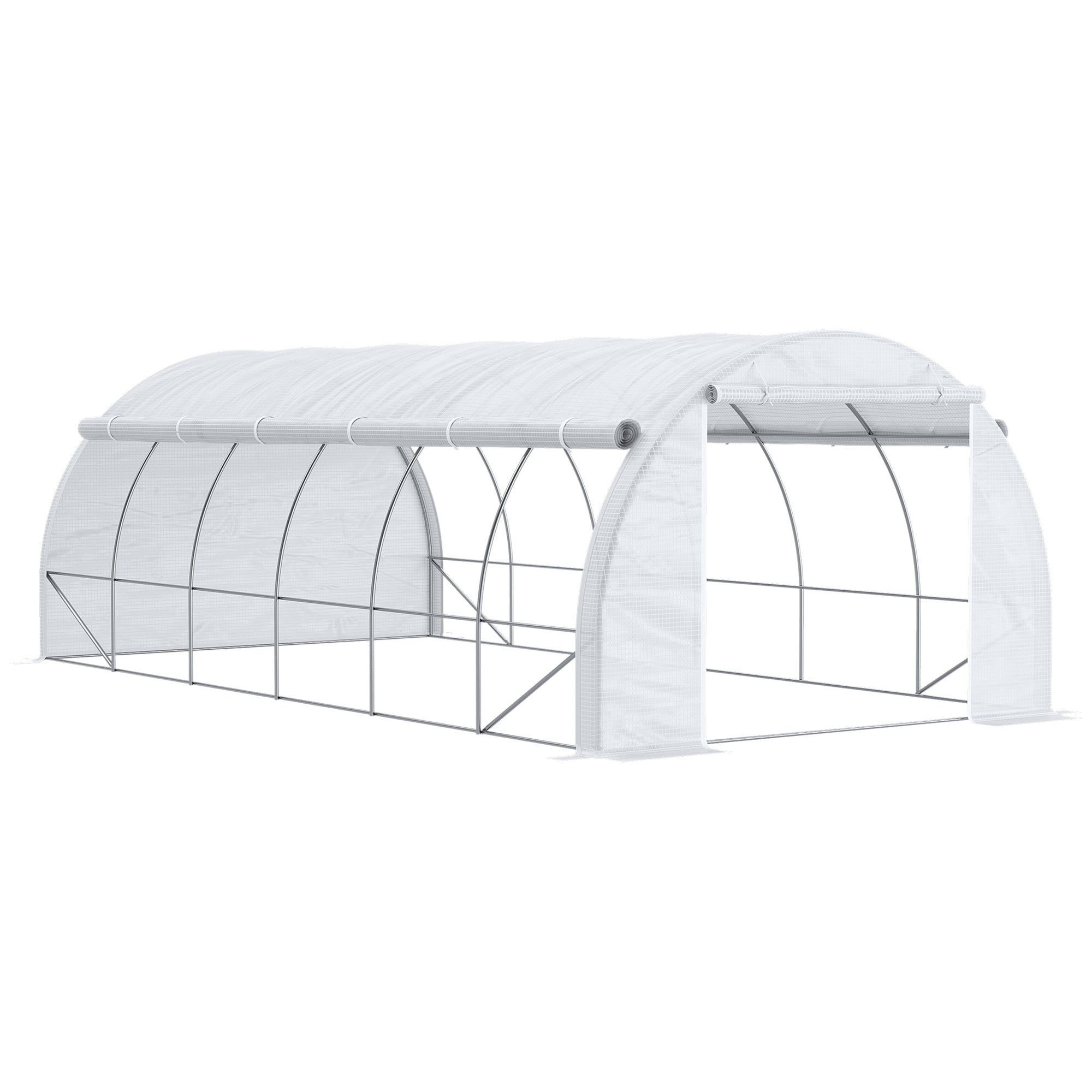 6 X 3 X 2 M Polytunnel Greenhouse With Roll-up Side Walls, Walk-in Grow House Tent With Steel Frame, Reinforced Cover, Zipped Door And 12 Mesh Windows For Garden, White