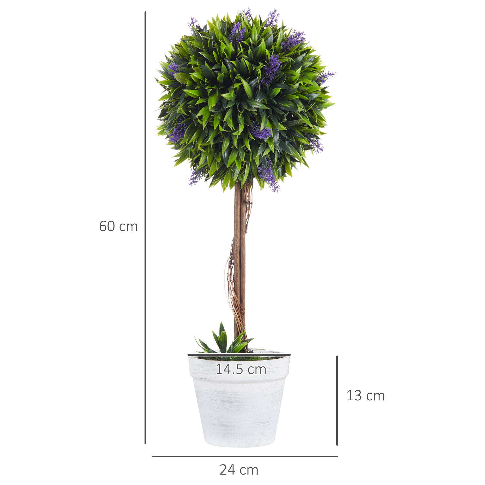 Set Of 2 Decorative Artificial Plants Ball Trees With Lavender Flowers In Pot Fake Plants For Home Indoor Outdoor Decor, 60cm, Green