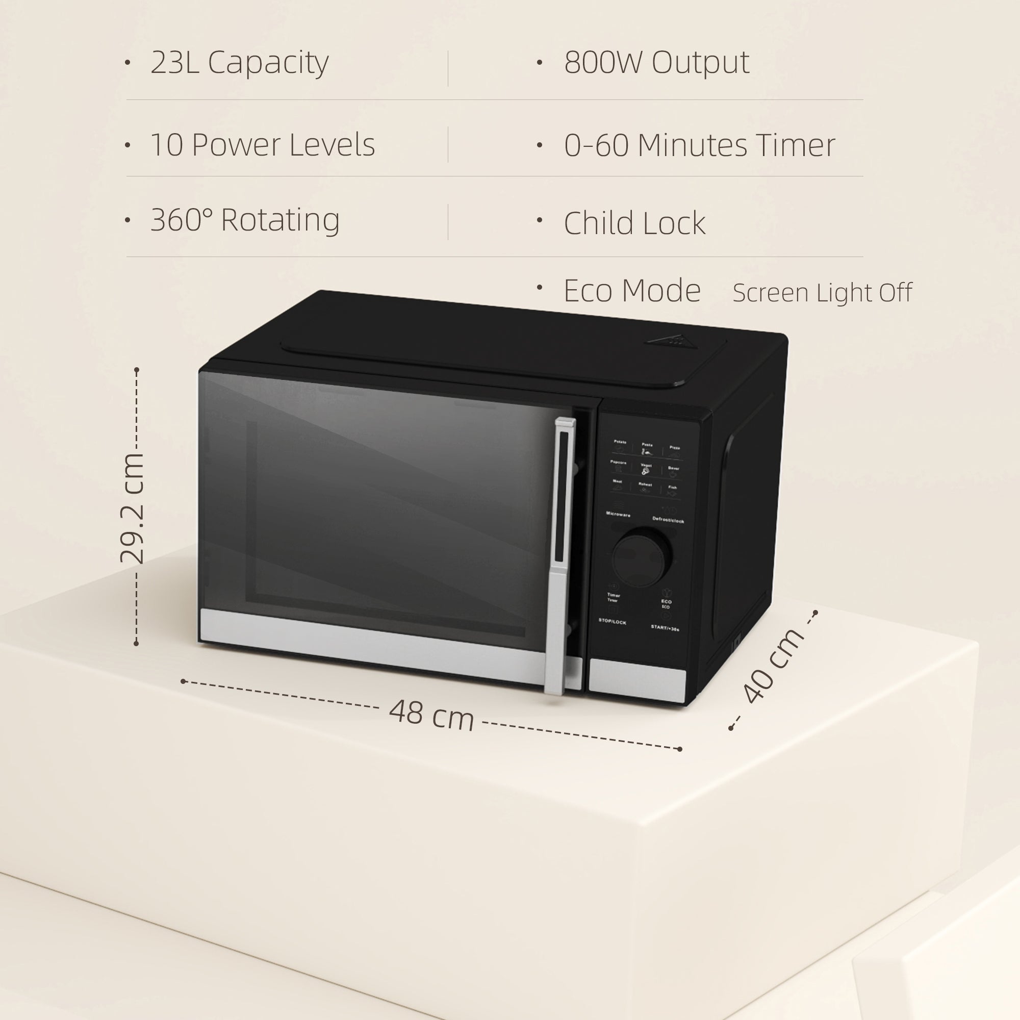 23L 800W Microwave Oven, Digital Solo Microwave With 10 Power Levels, Automatic Defrost, 8 Auto Cook Menus, 60 Minutes Timer, Clock, Easy Clean, Small Black Microwave