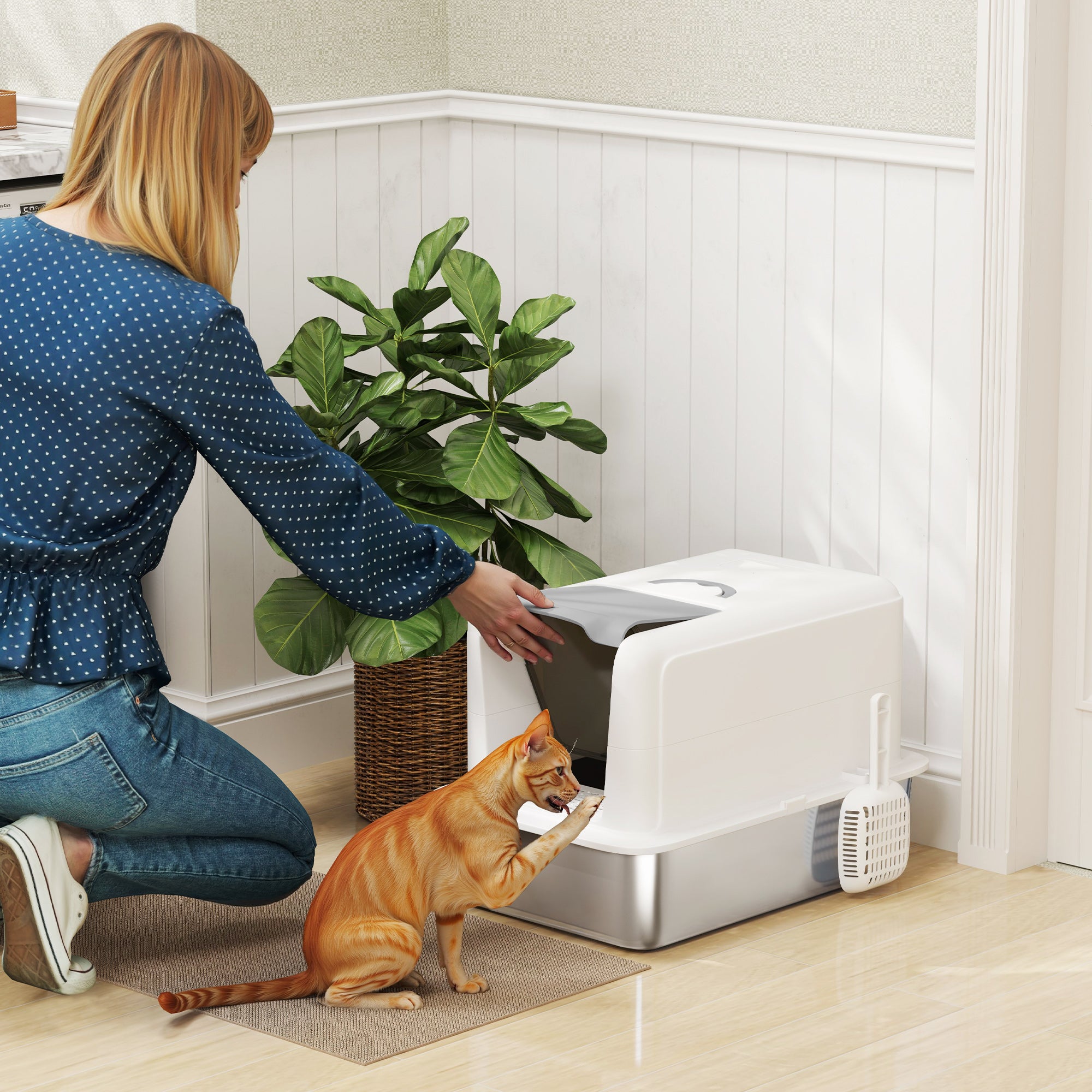 PawHut Stainless Steel Cat Litter Box With Removable Lid, Scoop, Filter Bags, For Larger Cats, White