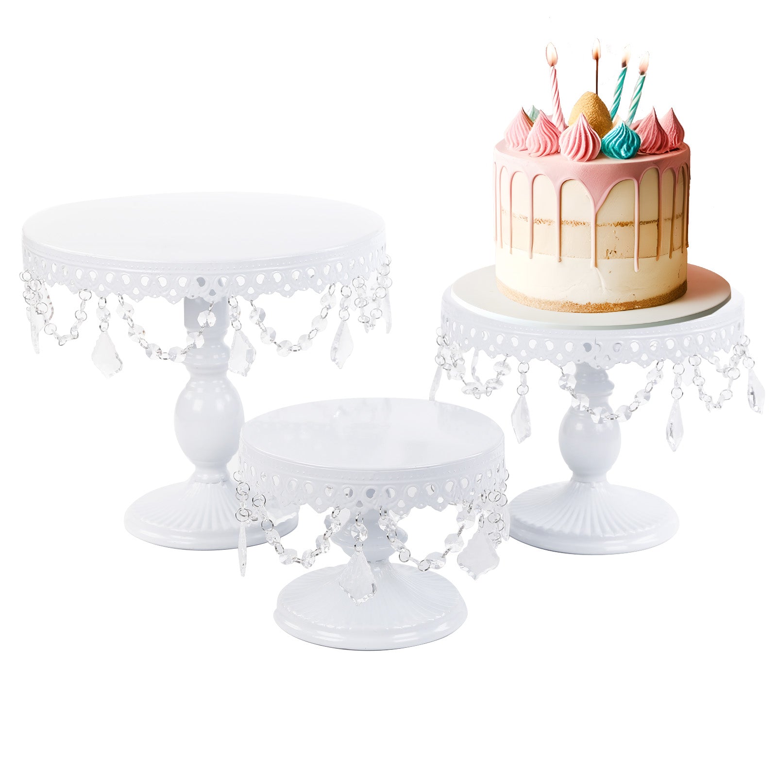 3Pcs Antique Cake Stand Set - Round Metal Cupcake Stands With Pendants And Beads - Elegant Dessert Display, For For Wedding, Birthday Party Decor-It Is Forbidden To Sell On Amazon And Temu
