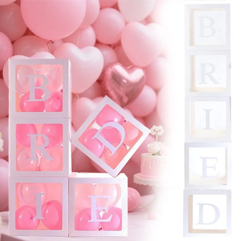 5 Pieces Wedding Balloon Boxes BRIDE Letters White Clear Balloon Blocks Box Party Decorations Balloons Boxes For Engagement Bride Shower Weddings Centerpieces Photo Booth Props, No Balloons