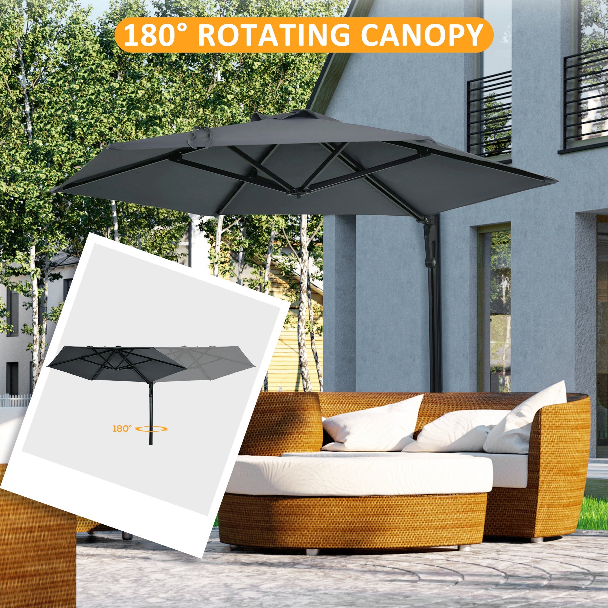 2.5m Wall Mounted Parasol, Hand To Push Outdoor Patio Umbrella With 180 Degree Rotatable Canopy For Porch, Deck, Garden, 250 Cm, Dark Grey