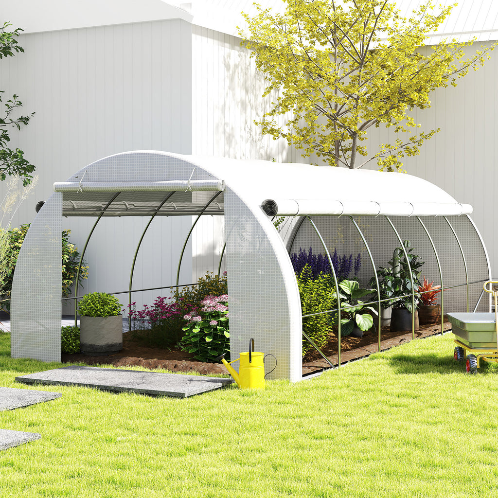 6 X 3 X 2 M Polytunnel Greenhouse With Roll-up Side Walls, Walk-in Grow House Tent With Steel Frame, Reinforced Cover, Zipped Door And 12 Mesh Windows For Garden, White