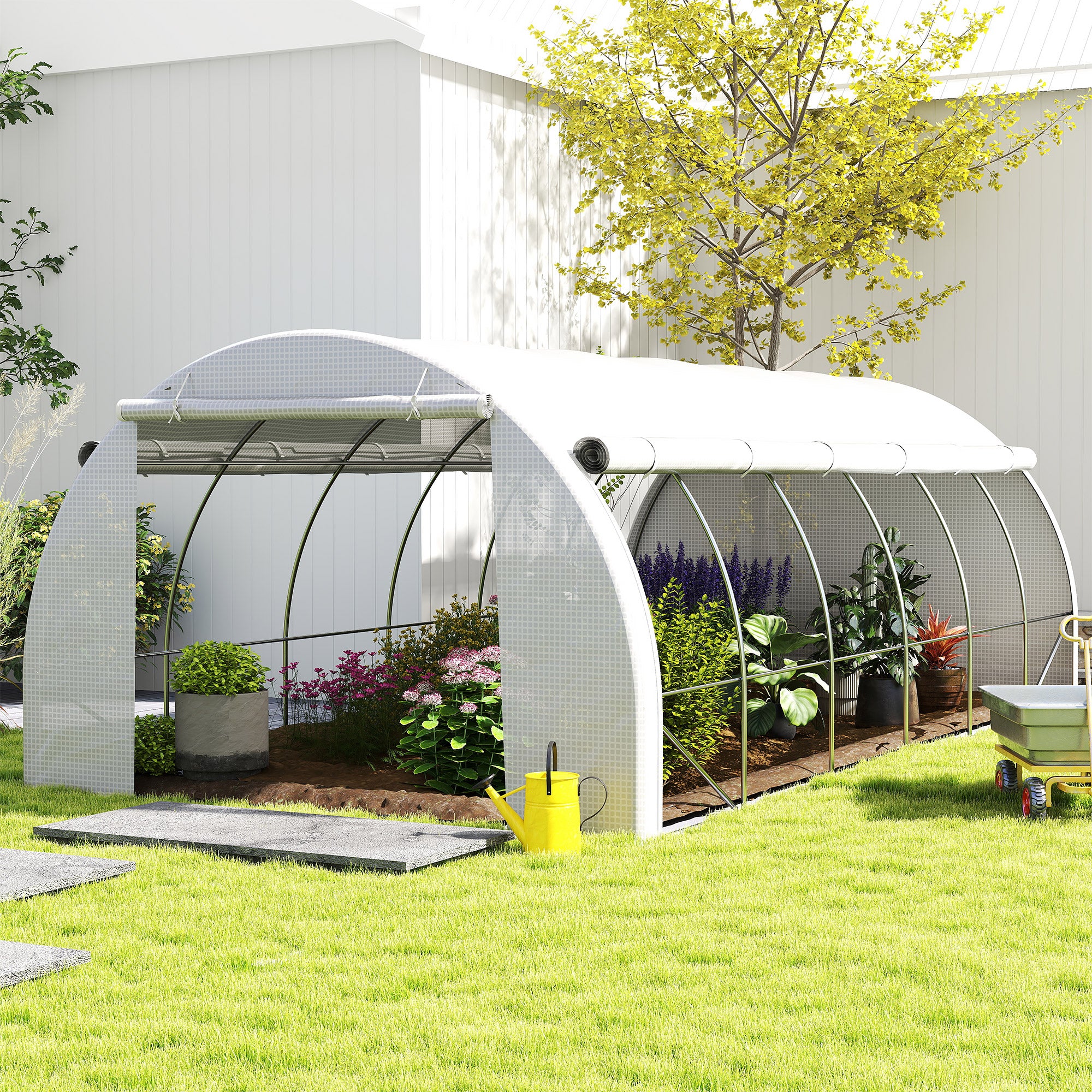 6 X 3 X 2 M Polytunnel Greenhouse With Roll-up Side Walls, Walk-in Grow House Tent With Steel Frame, Reinforced Cover, Zipped Door And 12 Mesh Windows For Garden, White