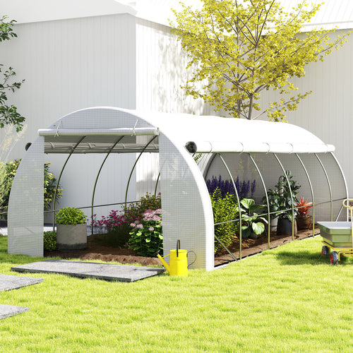 6 X 3 X 2 M Polytunnel Greenhouse With Roll-up Side Walls, Walk-in Grow House Tent With Steel Frame, Reinforced Cover, Zipped Door And 12 Mesh Windows For Garden, White