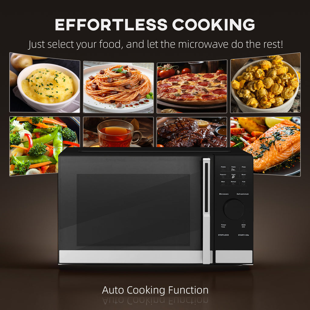 23L 800W Microwave Oven, Digital Solo Microwave With 10 Power Levels, Automatic Defrost, 8 Auto Cook Menus, 60 Minutes Timer, Clock, Easy Clean, Small Black Microwave