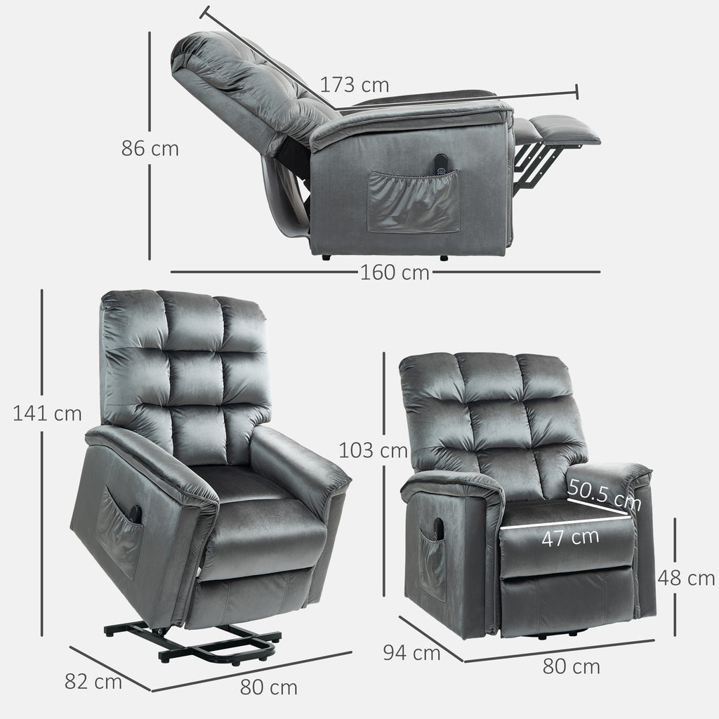 Velvet-Feel Electric Lift Recliner Chair - Dark Grey