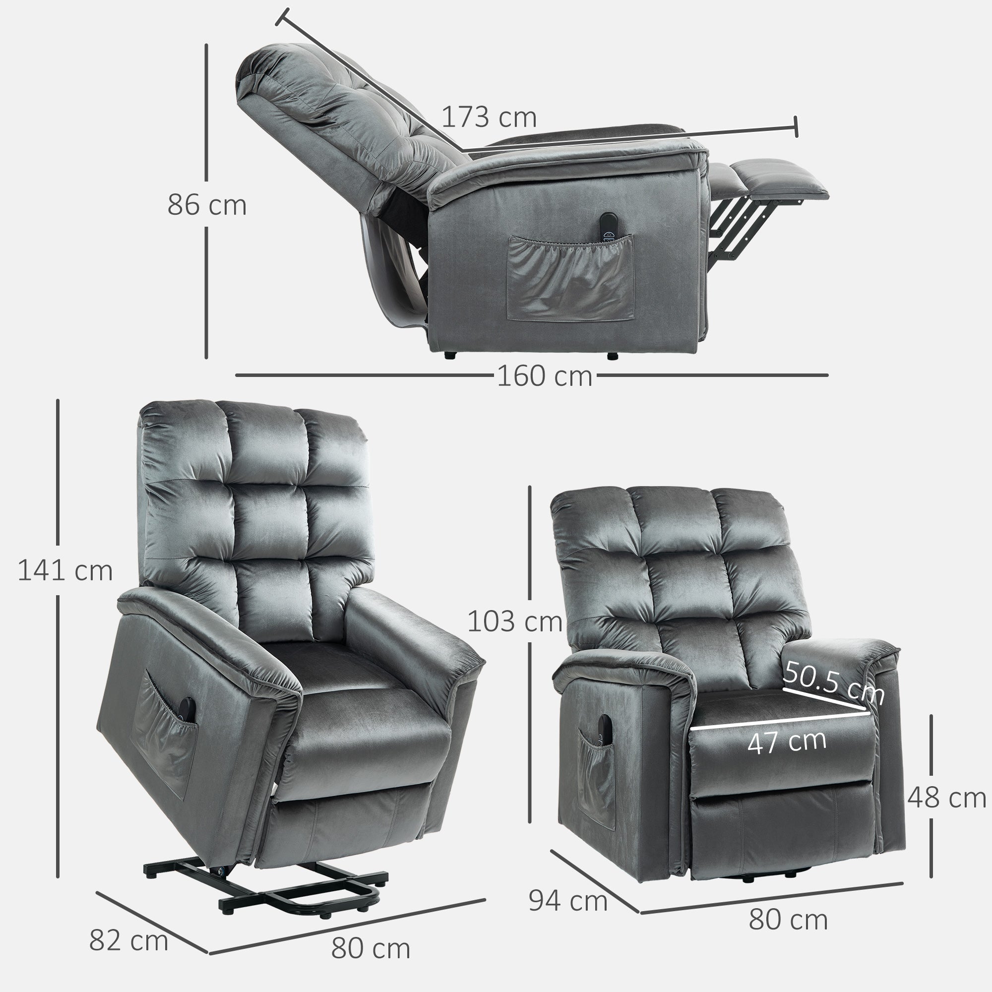 Velvet-Feel Electric Lift Recliner Chair - Dark Grey