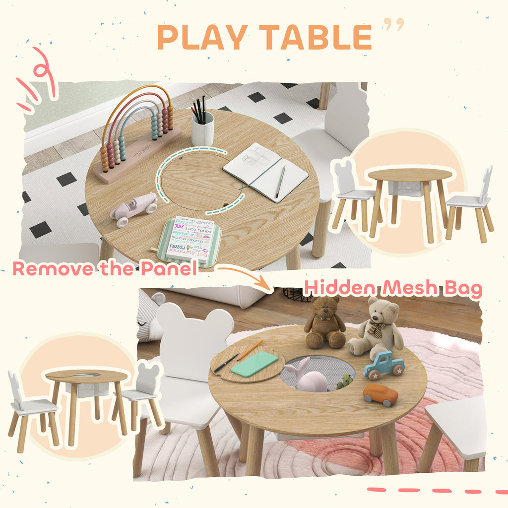 3-Piece Kids Activity Table Set With Centre Mesh Bag, Bear-Shaped Backrest, For Arts And Crafts, Reading, Dining