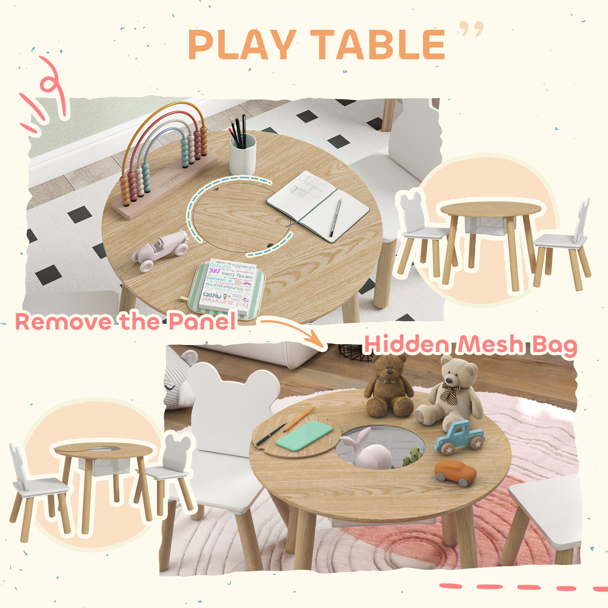 3-Piece Kids Activity Table Set With Centre Mesh Bag, Bear-Shaped Backrest, For Arts And Crafts, Reading, Dining