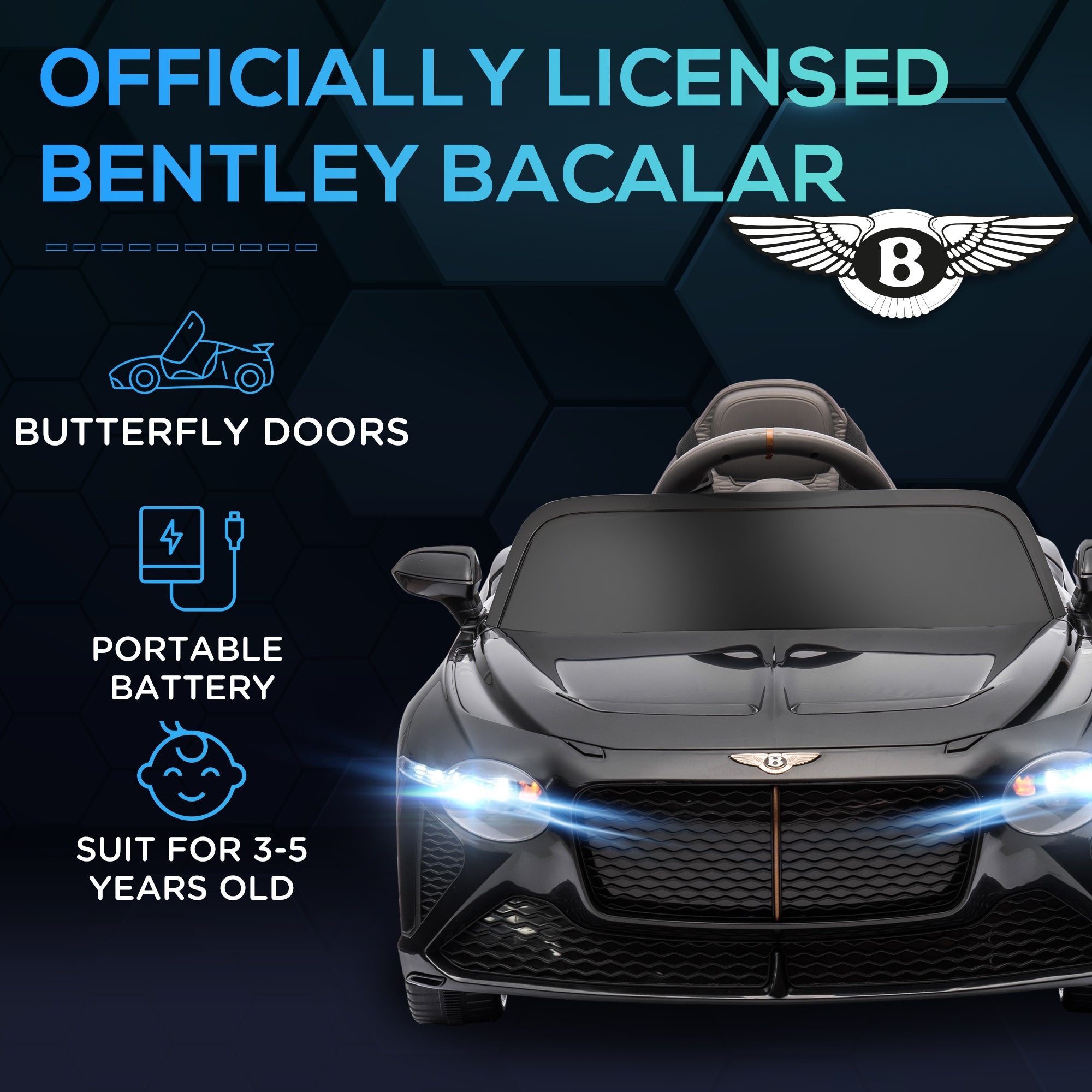 Bentley Bacalar Licensed 12V Kids Electric Car, With Remote Control, Black