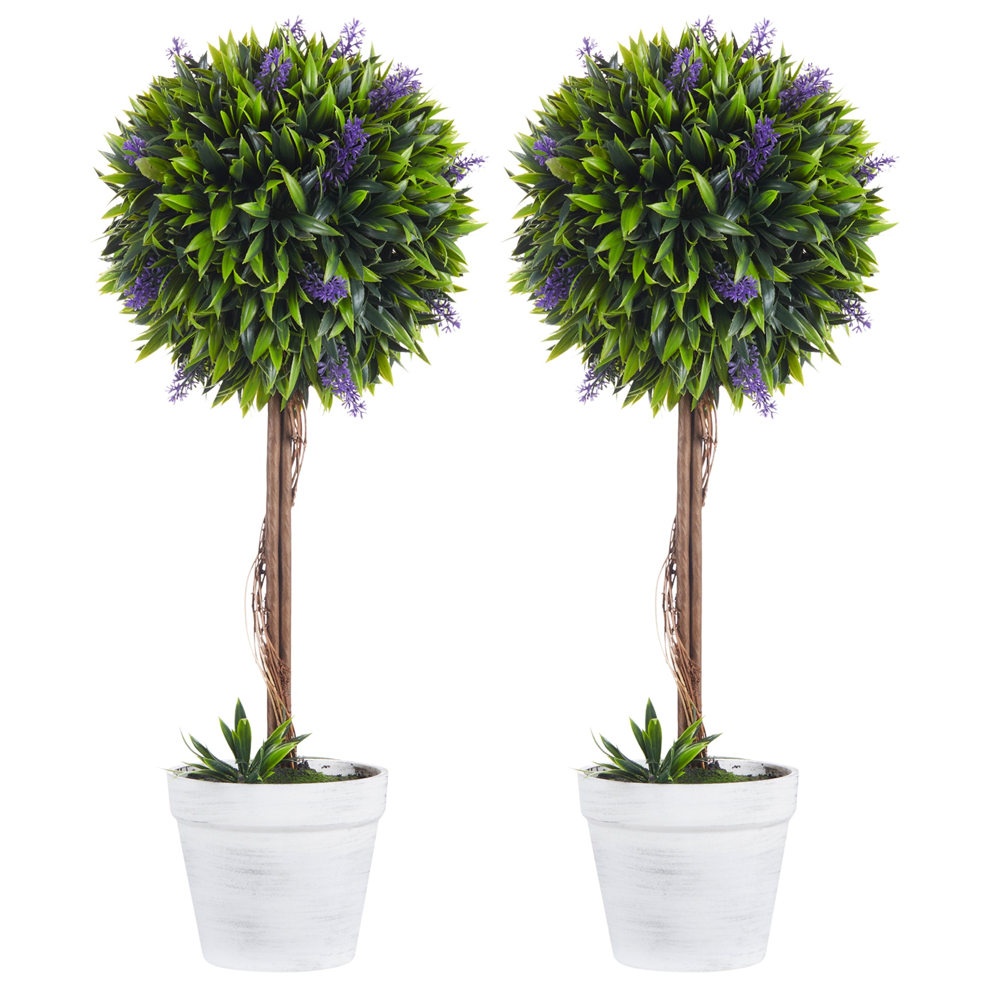 Set Of 2 Decorative Artificial Plants Ball Trees With Lavender Flowers In Pot Fake Plants For Home Indoor Outdoor Decor, 60cm, Green
