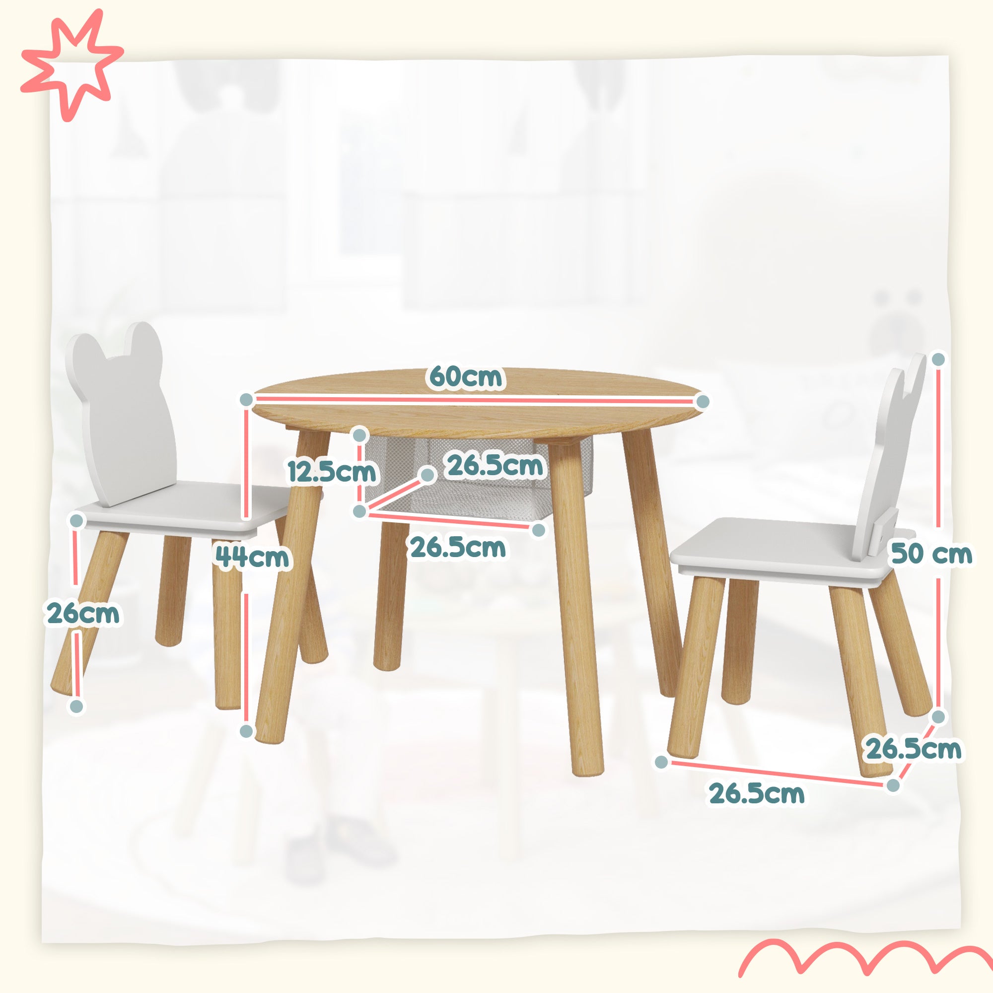 3-Piece Kids Activity Table Set With Centre Mesh Bag, Bear-Shaped Backrest, For Arts And Crafts, Reading, Dining