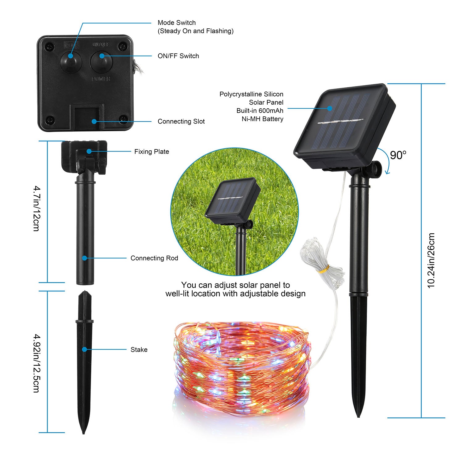 2 Light Color Options -- 1Pc Solar String Light Outdoor IP65 Waterproof Copper Wire String Lights Solar LED Fairy Lamps Wedding Party Festival