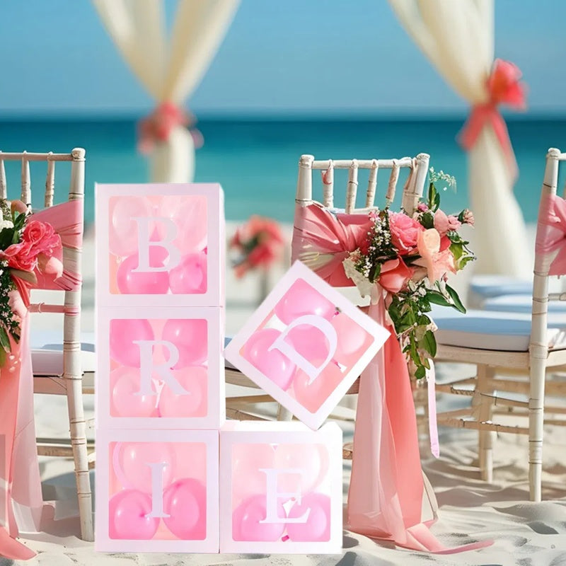 5 Pieces Wedding Balloon Boxes BRIDE Letters White Clear Balloon Blocks Box Party Decorations Balloons Boxes For Engagement Bride Shower Weddings Centerpieces Photo Booth Props, No Balloons