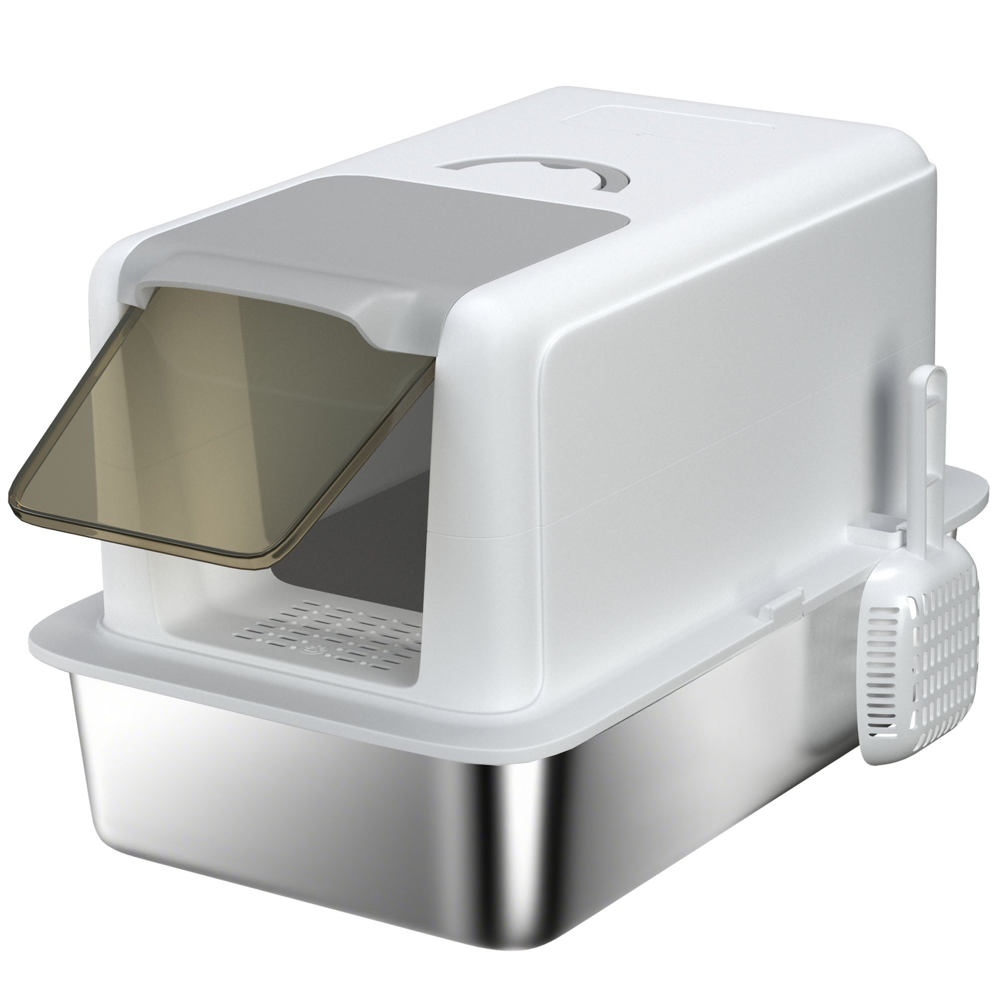 PawHut Stainless Steel Cat Litter Box With Removable Lid, Scoop, Filter Bags, For Larger Cats, White