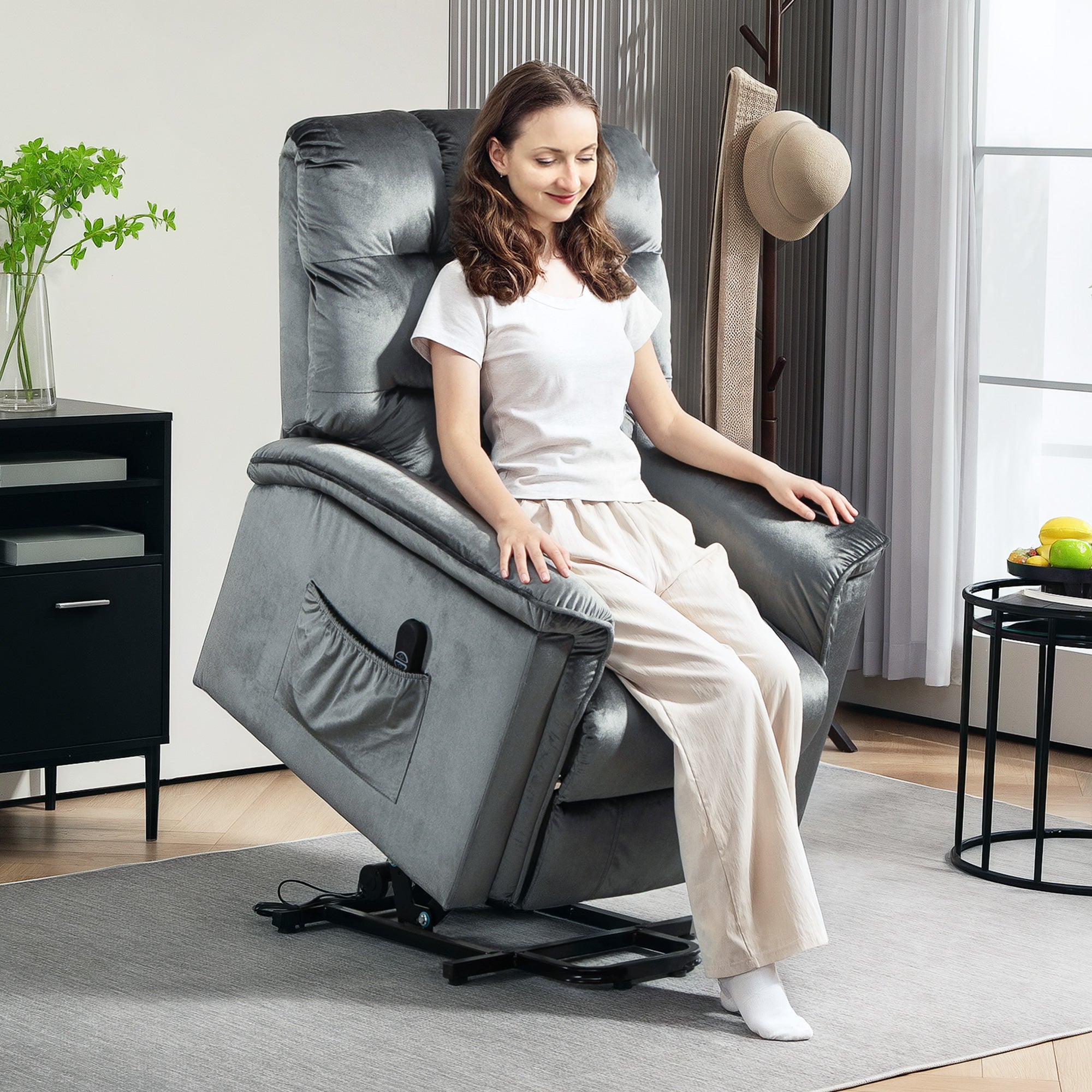 Velvet-Feel Electric Lift Recliner Chair - Dark Grey